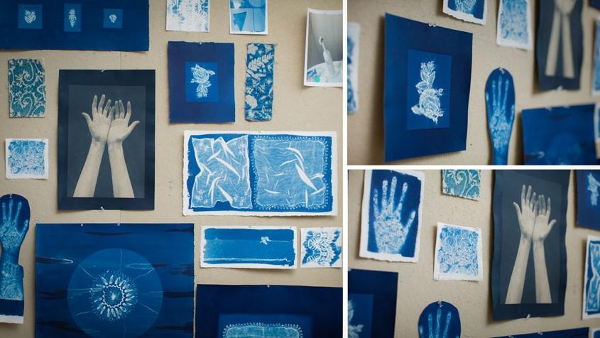 Wall of blue art work 