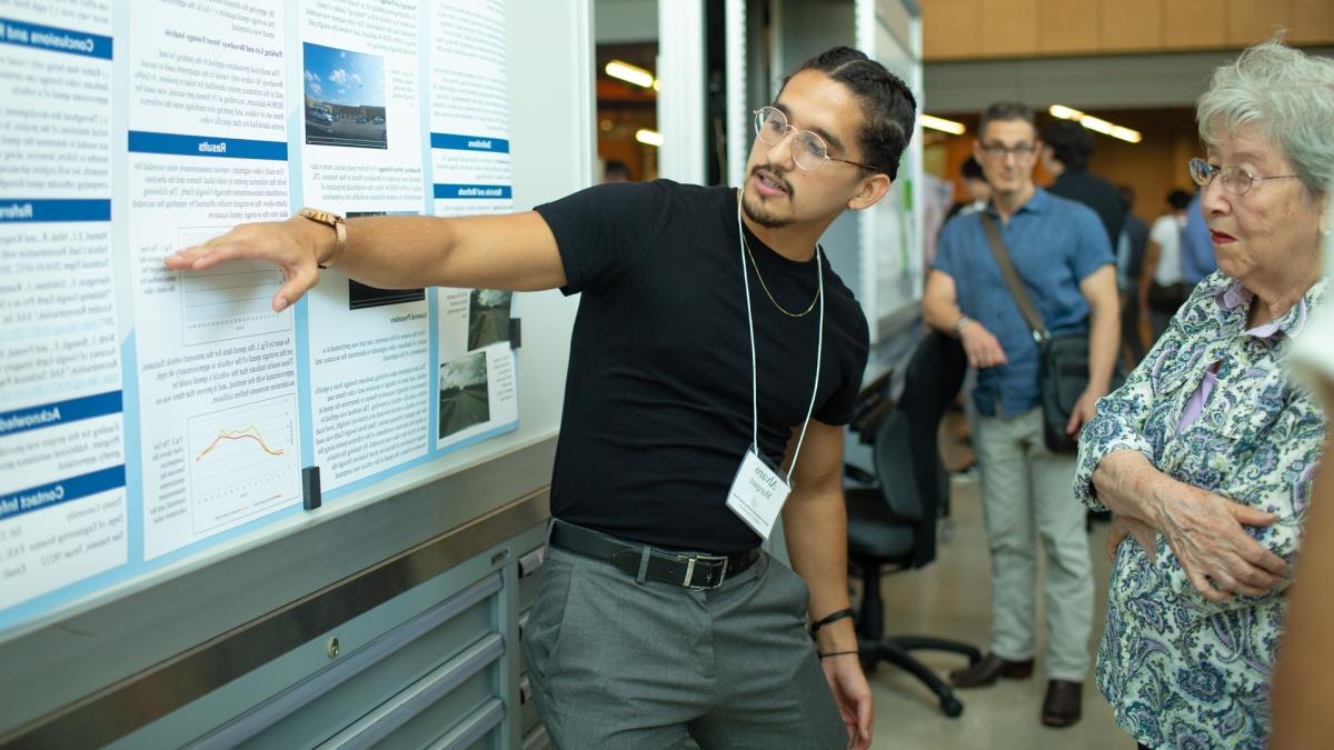 student points at whiteboard presentation